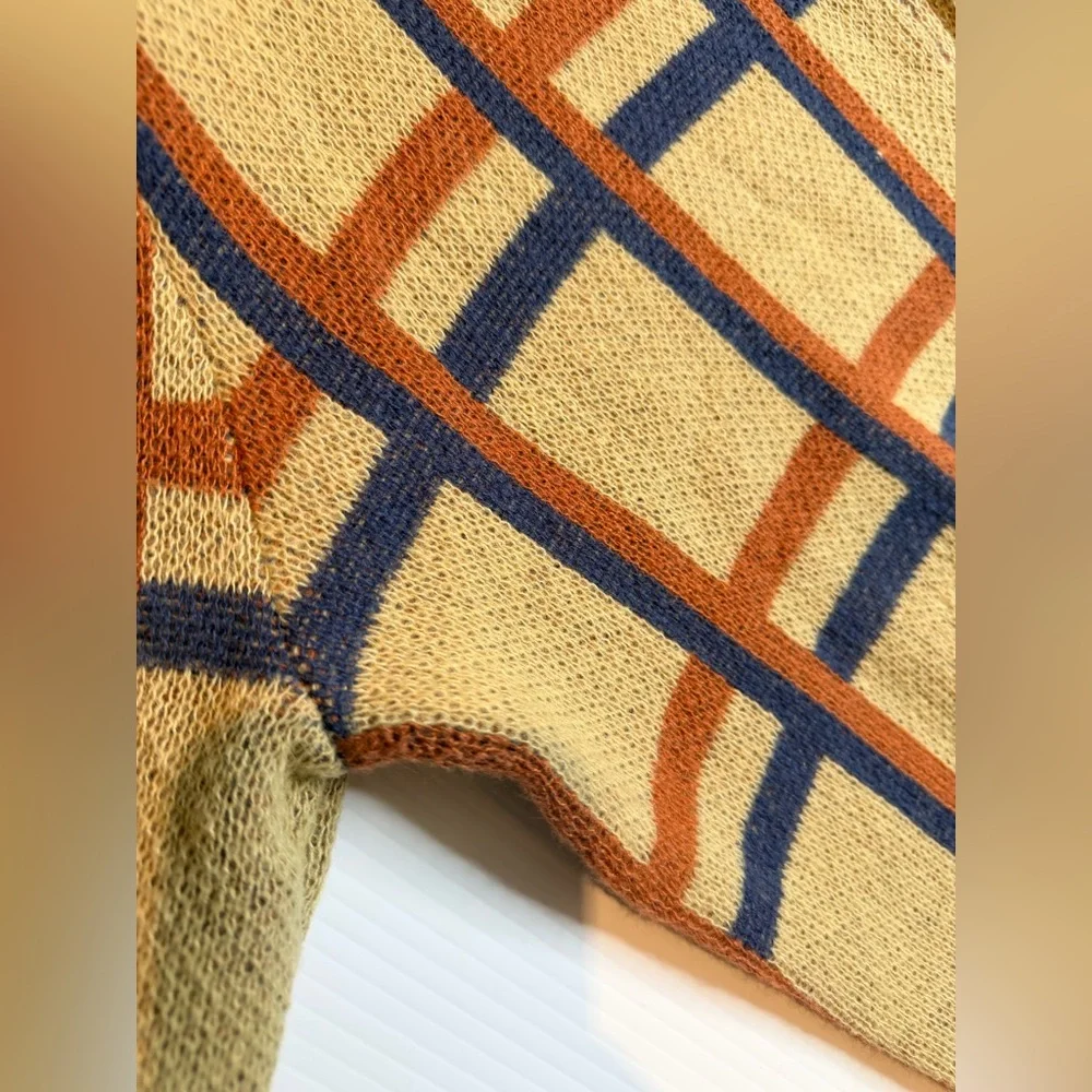 Vintage Grandpa Style Cardigan Sweater Beige Blue Rust Grid Button Front-XL